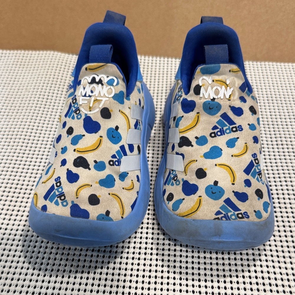 adidas MONOFIT Kids Blue and Yellow Banana Print Slip-Ons